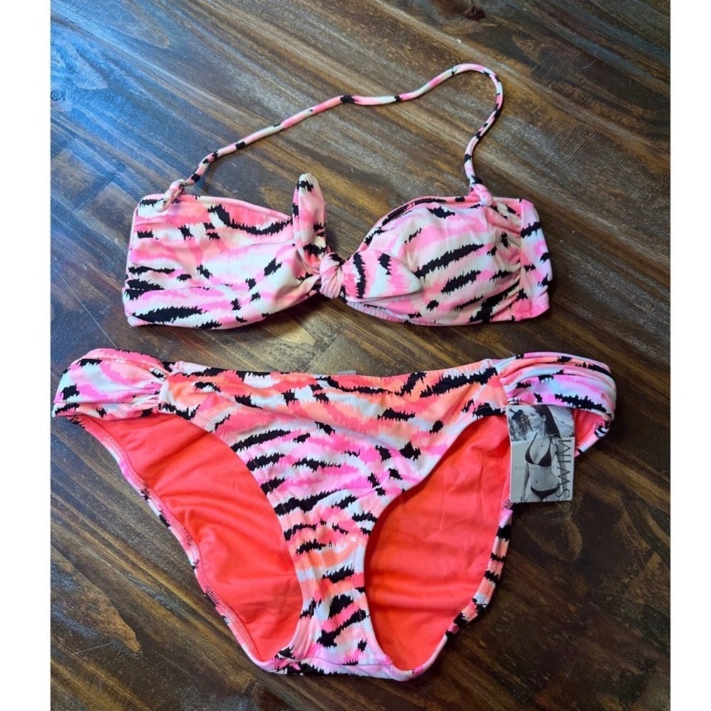 Victorias Secret Bandeau Bikini Set Pink‎ Orange Black Print 34B & Large Bottom